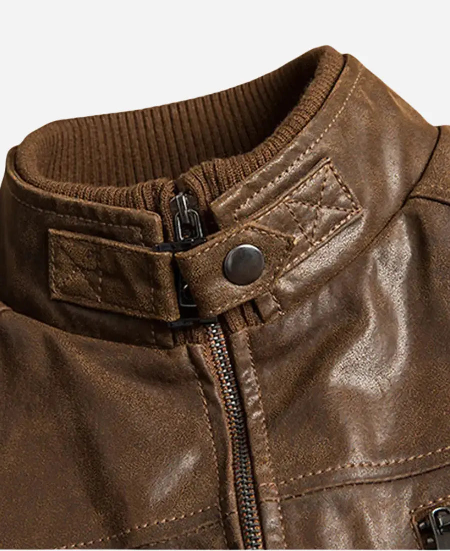 Men’s Brown Bomber Leather Jacket with Rib Collar