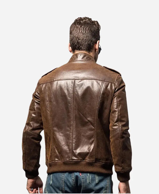 Men’s Brown Bomber Leather Jacket with Rib Collar