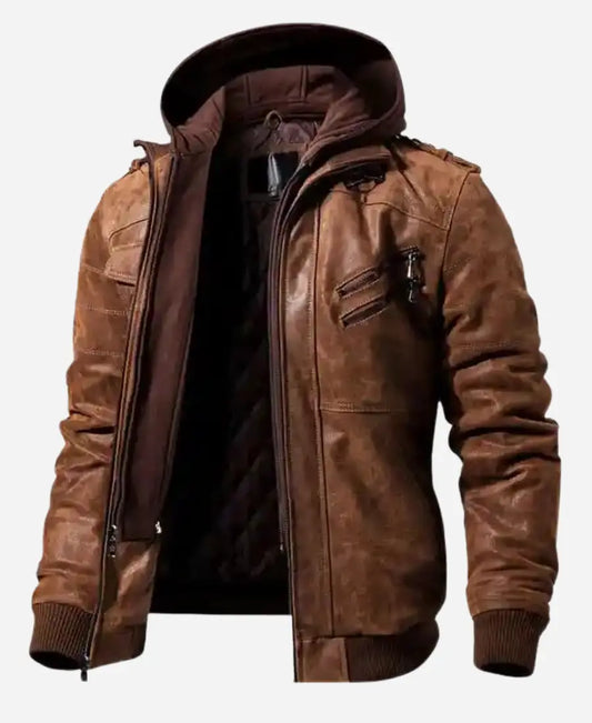 Men’s Motorcycle Brown Bomber Leather Jacket with Removable Hood