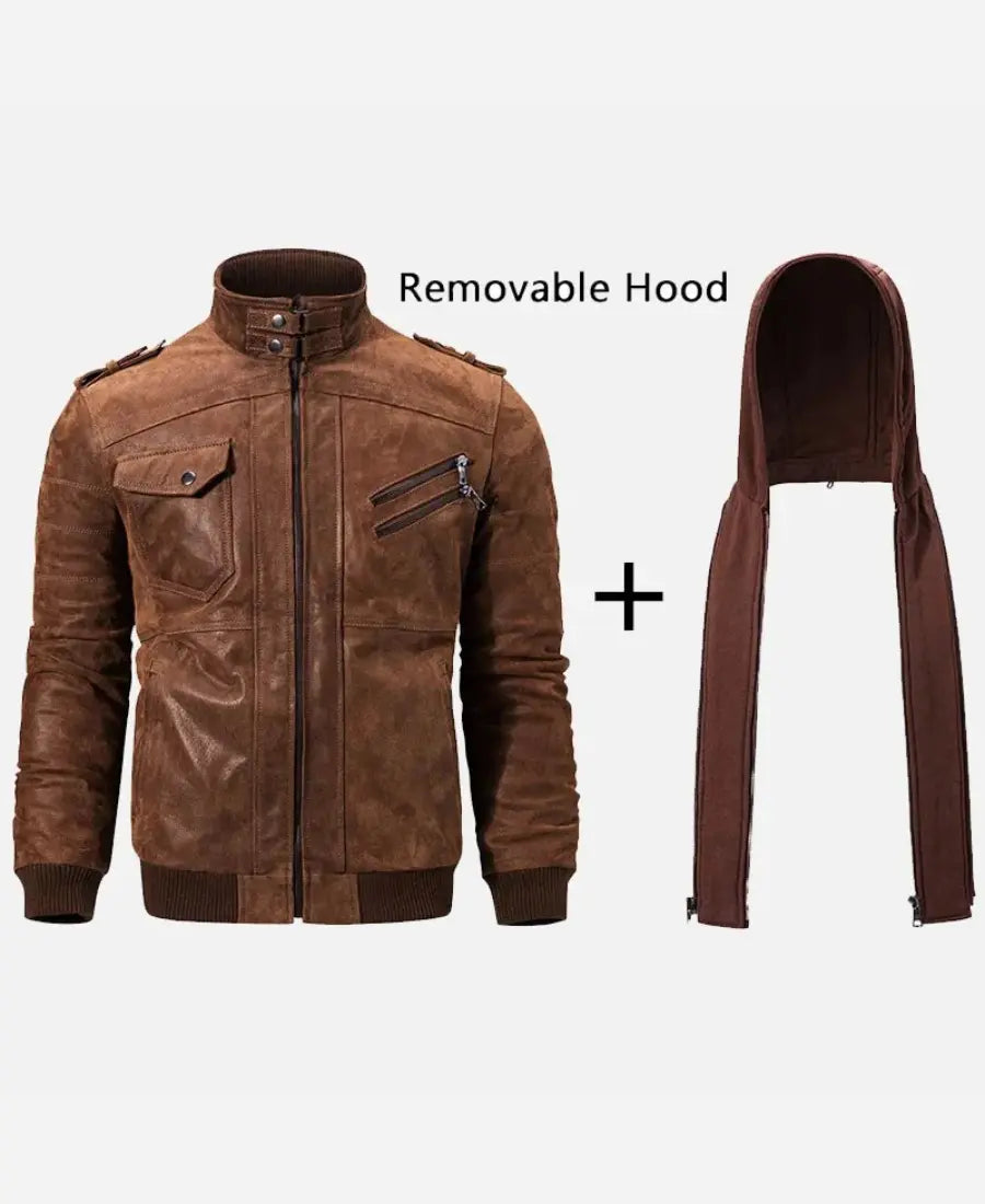 Men’s Motorcycle Brown Bomber Leather Jacket with Removable Hood