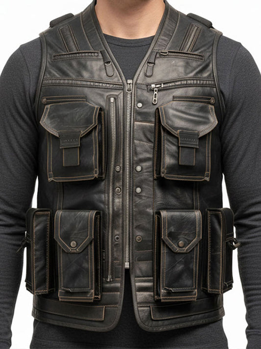 Men’s Rub Off Military Leather Vest – Distressed Rust Brown