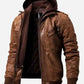 Men’s Motorcycle Brown Bomber Leather Jacket with Removable Hood