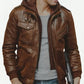 Men’s Motorcycle Brown Bomber Leather Jacket with Removable Hood