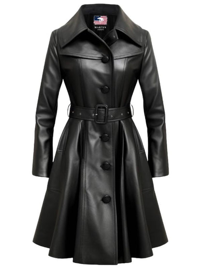 Women Black Real Long Leather Coat